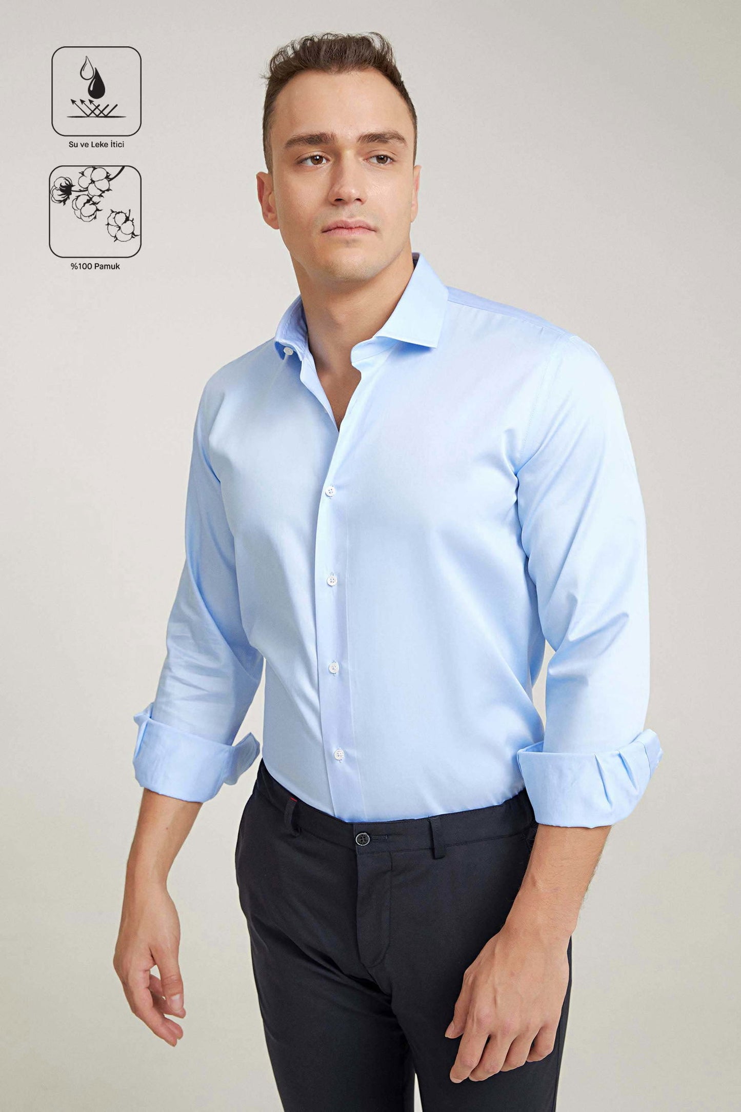 Damat Slim Fit Açık Mavi Düz Nano Care Gömlek