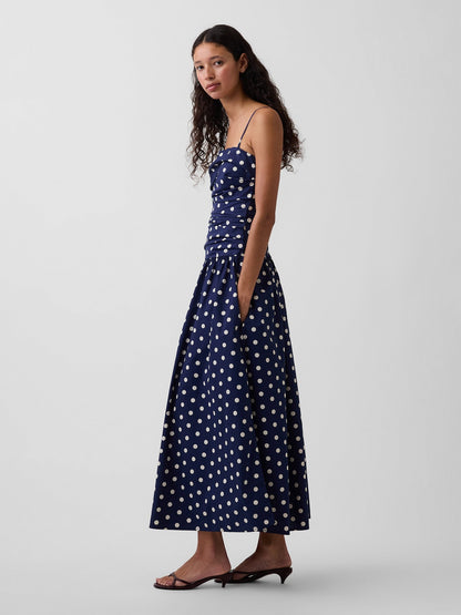 Lacivert Poplin Drop-waist Maxi Elbise
