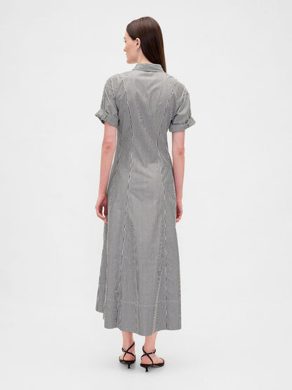 Siyah Beyaz Çizgili Poplin Roll-cuff Midi Gömlek Elbise