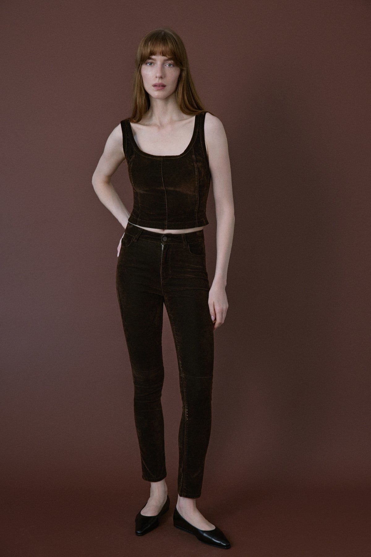 Normal Bel Dokulu Skinny Kahve Pantolon