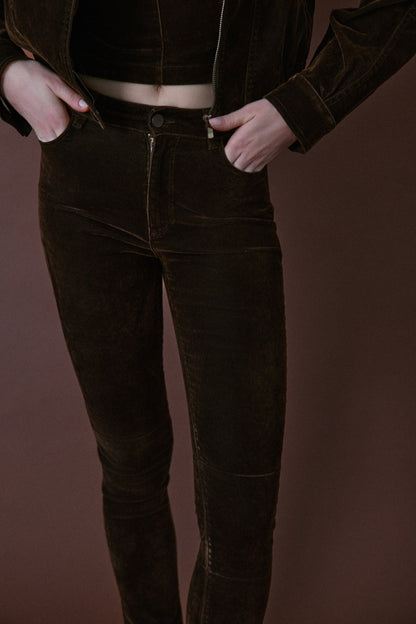 Normal Bel Dokulu Skinny Kahve Pantolon