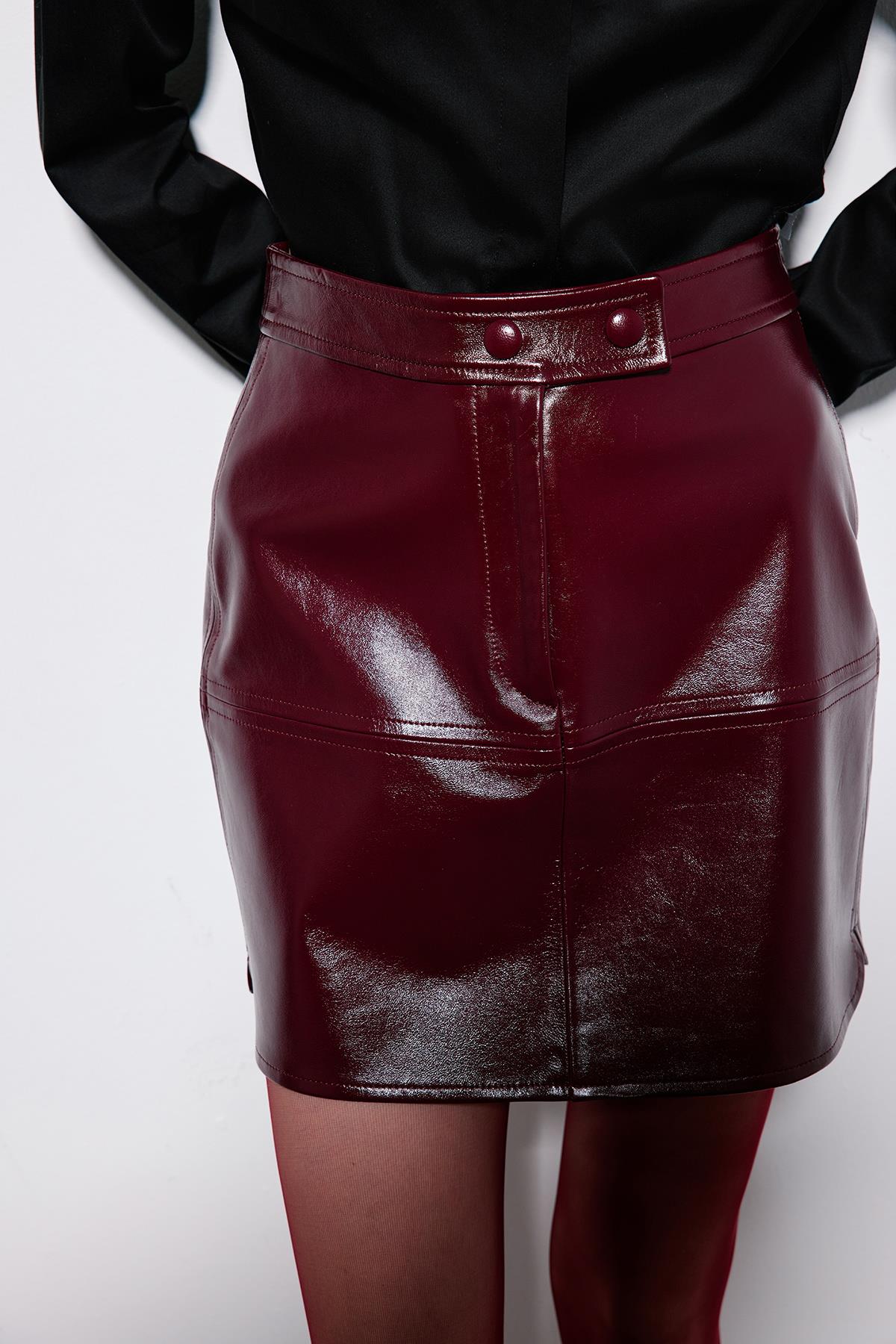 Hakiki Deri Fermuarlı Mini Bordo Etek