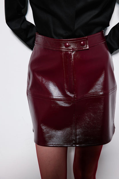 Hakiki Deri Fermuarlı Mini Bordo Etek