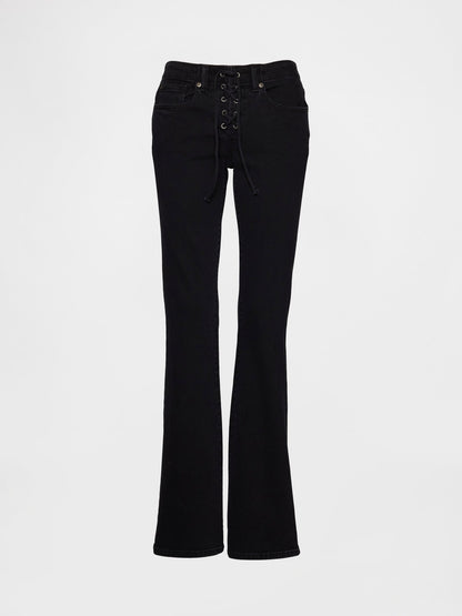 Siyah Low Rise Long & Lean Lace-up Jean Pantolon