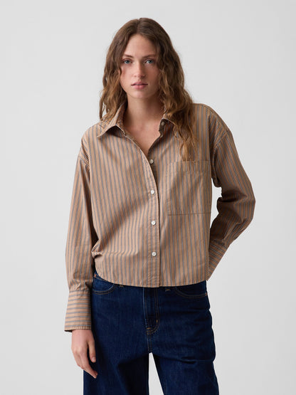 Açık Kahverengi Organik Pamuk Poplin Oversized Crop Gömlek