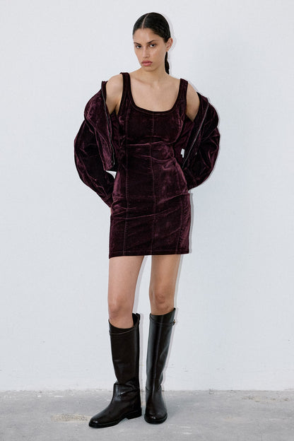 Kare Yaka Kadife Mini Bordo Elbise