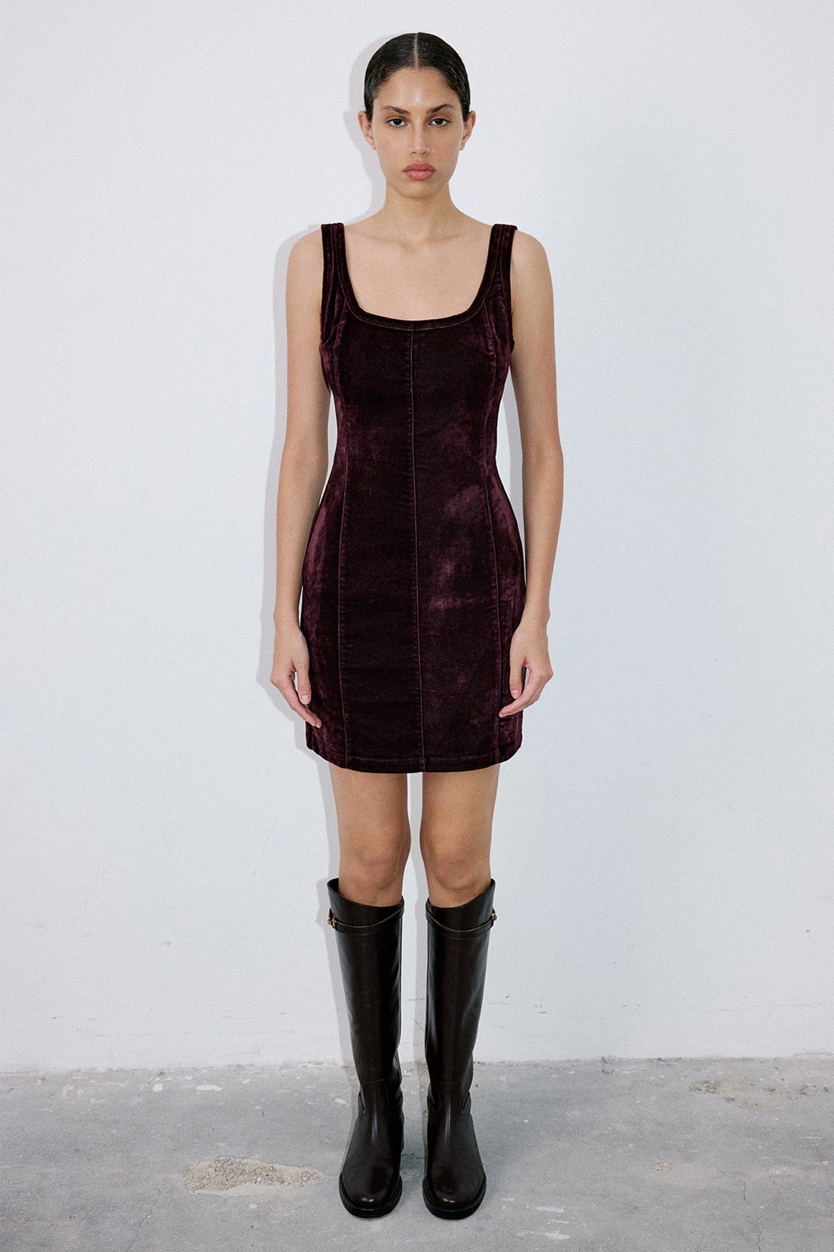 Kare Yaka Kadife Mini Bordo Elbise