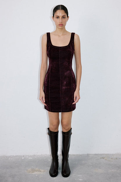 Kare Yaka Kadife Mini Bordo Elbise