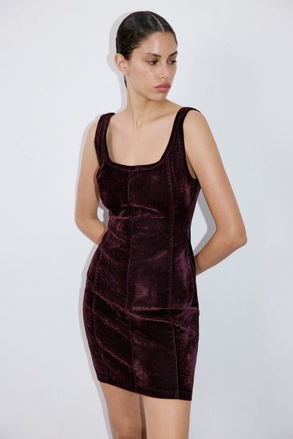 Kare Yaka Kadife Mini Bordo Elbise
