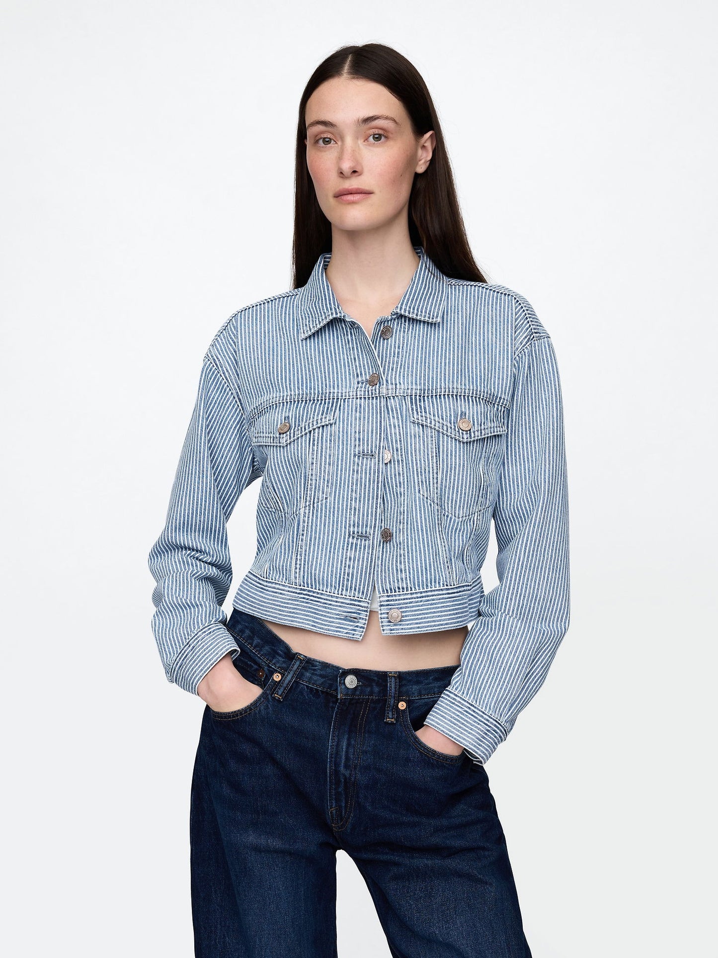 Mavi Ultrasoft Icon Denim Çizgili Crop Ceket