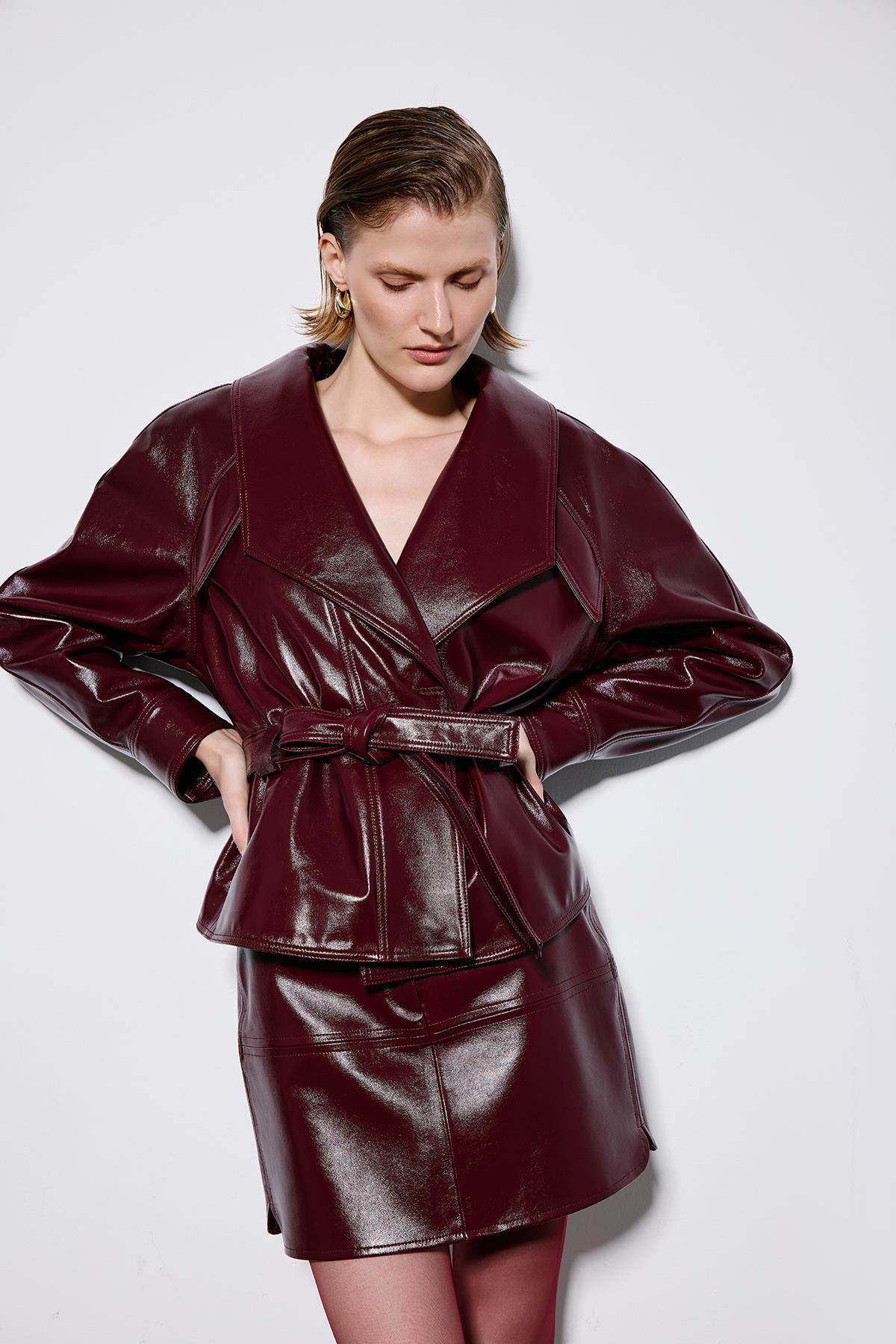 Kruvaze Yaka Bağlamalı Bordo Ceket