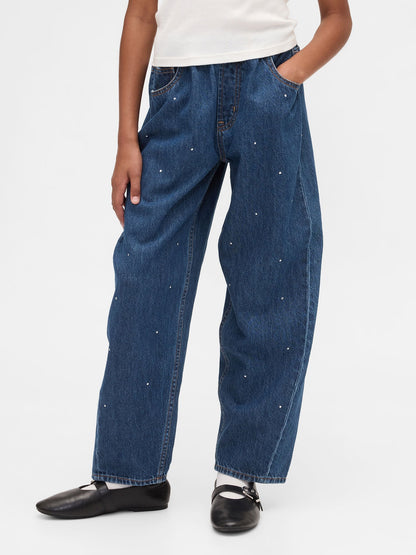 Koyu Mavi High Rise Rhinestone Easy Barrel Jean Pantolon