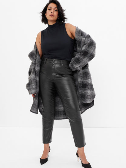 Siyah High Rise Suni Vegan Deri Vintage Slim Jean Pantolon