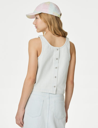 Saf Pamuklu Askılı Denim Bluz (6-16 Yaş)