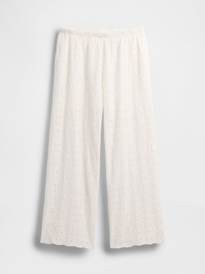 Beyaz Mid Rise Eyelet Kolay Wide-leg Pantolon