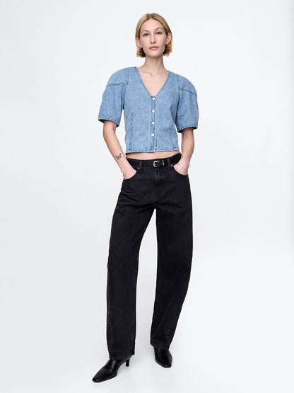 Mavi Kabarık Kol Denim Crop Bluz