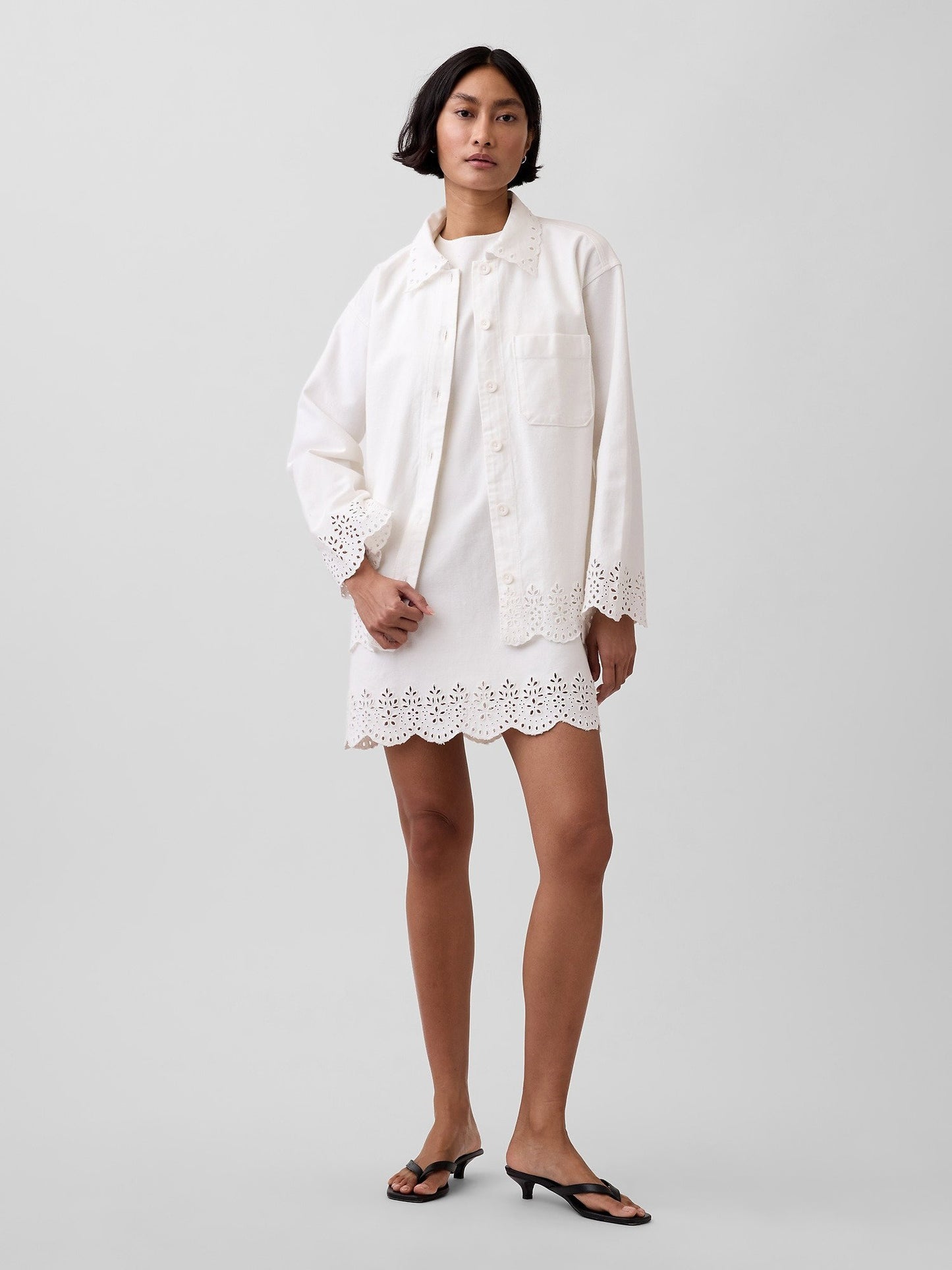 Beyaz Eyelet Hem Relaxed Gömlek Ceket