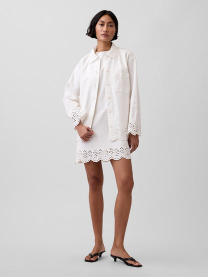 Beyaz Eyelet Hem Relaxed Gömlek Ceket