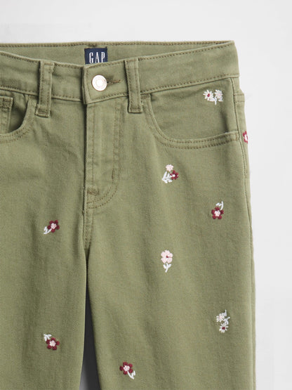Yeşil High Rise Embroidered '70s Flare Jean Pantolon