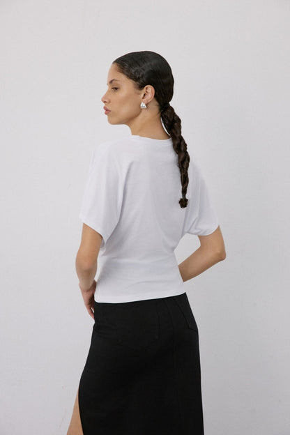 Bisiklet Yaka Büzgü Detaylı Beyaz T-shirt
