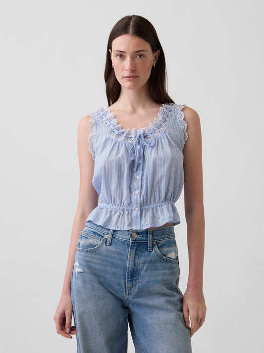 Mavi Eyelet Tie-front Crop Peplum Bluz