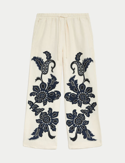 Jaeger Işleme Detaylı Wide Leg Keten Pantolon