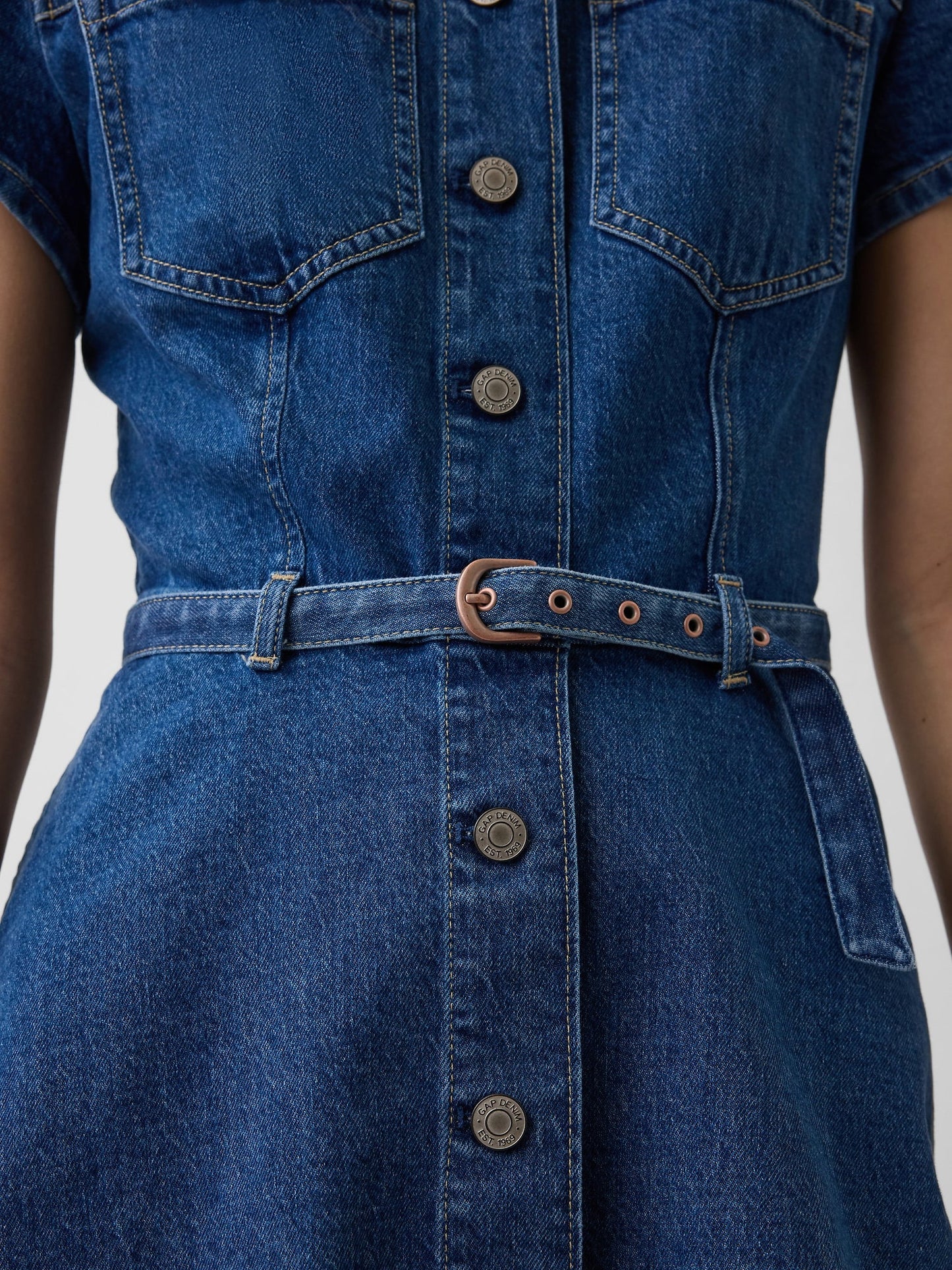 Mavi Denim Kemerli Mini Gömlek Elbise