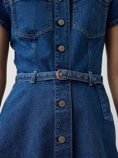 Mavi Denim Kemerli Mini Gömlek Elbise