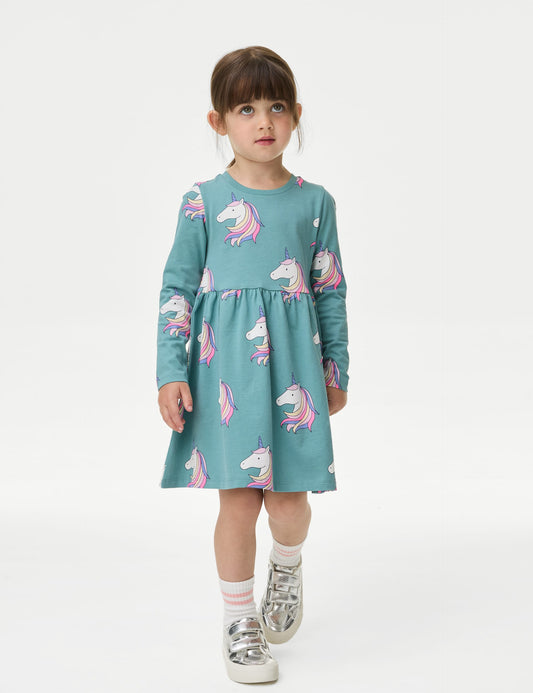 Saf Pamuklu Unicorn Desenli Uzun Kollu Elbise (2-8 Yaş)