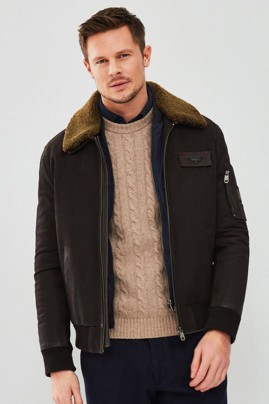 Falcon Erkek Kahverengi Armalı Yaka Kürklü Deri Pilot Ceket