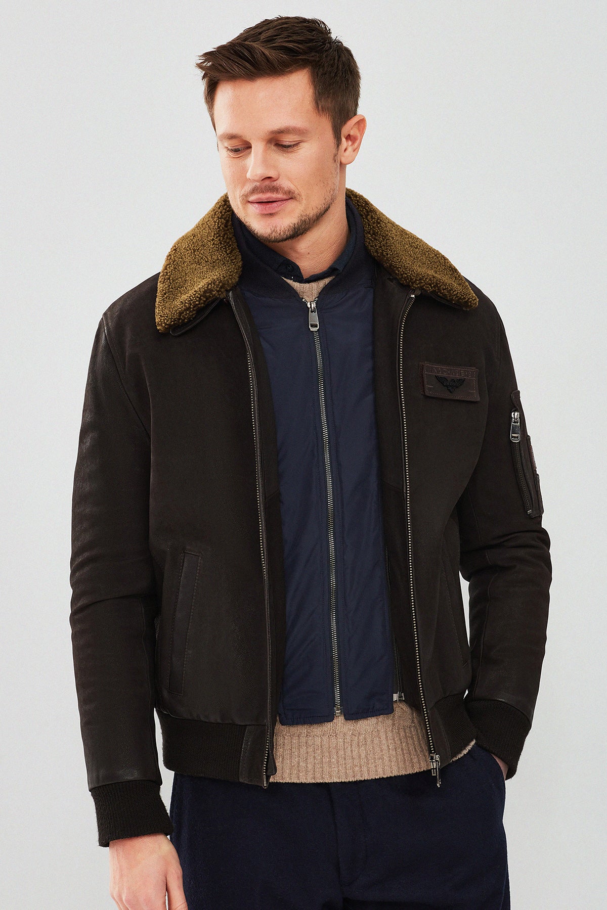 Falcon Erkek Kahverengi Armalı Yaka Kürklü Deri Pilot Ceket