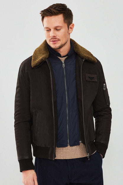 Falcon Erkek Kahverengi Armalı Yaka Kürklü Deri Pilot Ceket