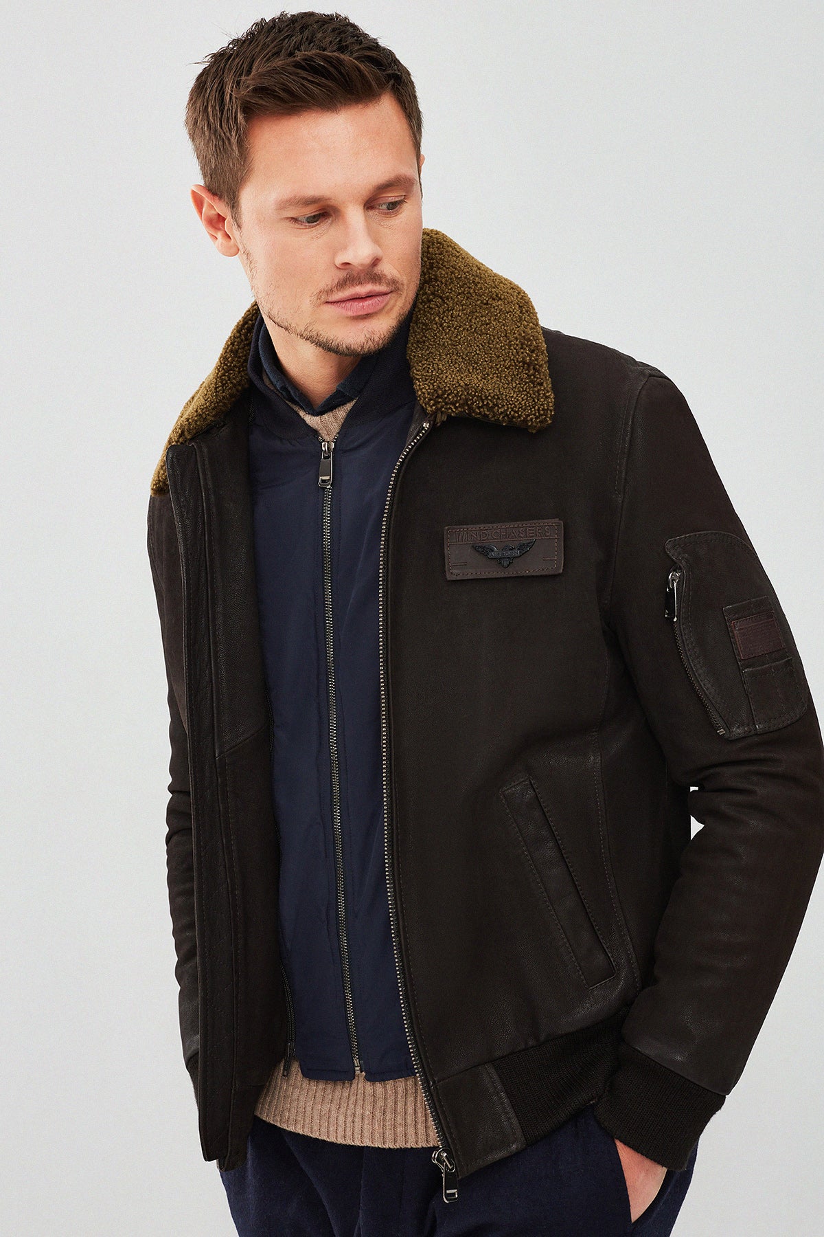 Falcon Erkek Kahverengi Armalı Yaka Kürklü Deri Pilot Ceket