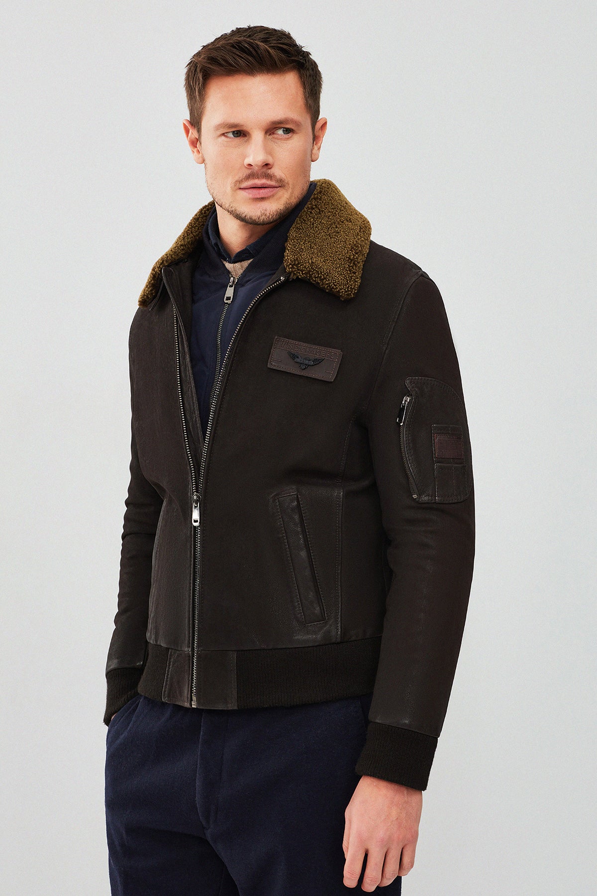 Falcon Erkek Kahverengi Armalı Yaka Kürklü Deri Pilot Ceket