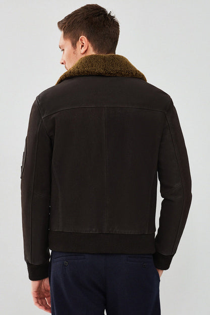 Falcon Erkek Kahverengi Armalı Yaka Kürklü Deri Pilot Ceket
