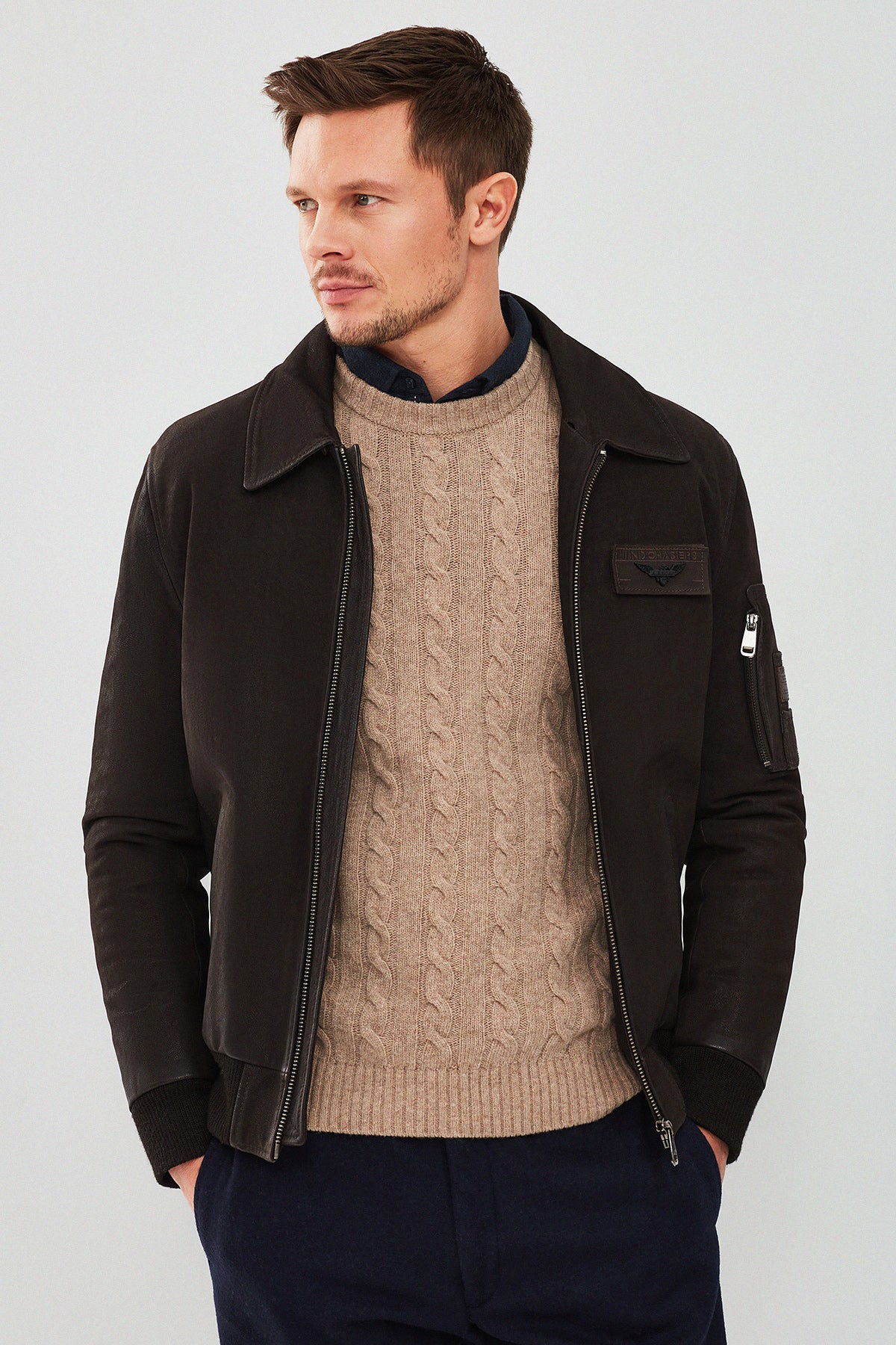 Falcon Erkek Kahverengi Armalı Yaka Kürklü Deri Pilot Ceket