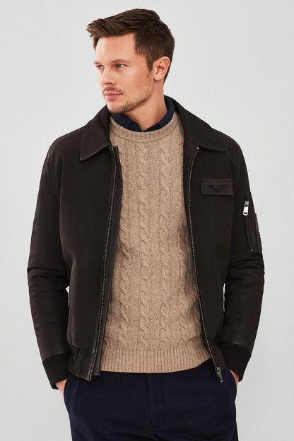 Falcon Erkek Kahverengi Armalı Yaka Kürklü Deri Pilot Ceket