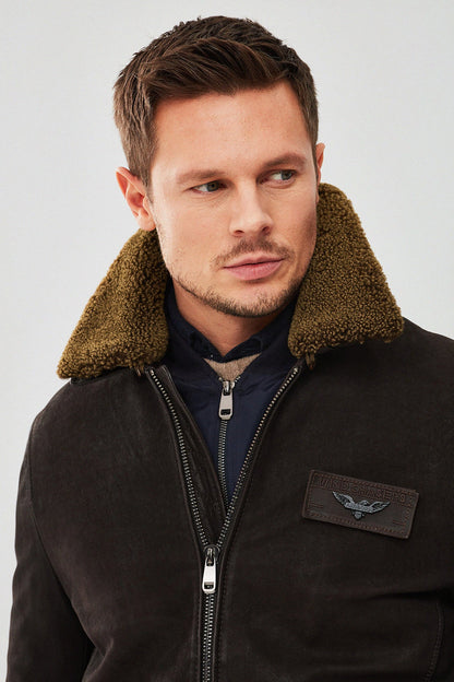 Falcon Erkek Kahverengi Armalı Yaka Kürklü Deri Pilot Ceket