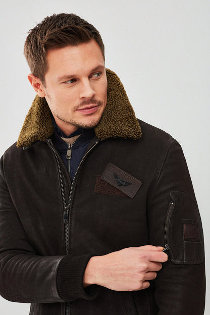 Falcon Erkek Kahverengi Armalı Yaka Kürklü Deri Pilot Ceket