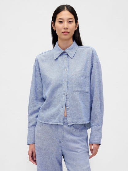 Açık Mavi Keten Karışımı Oversized Gömlek