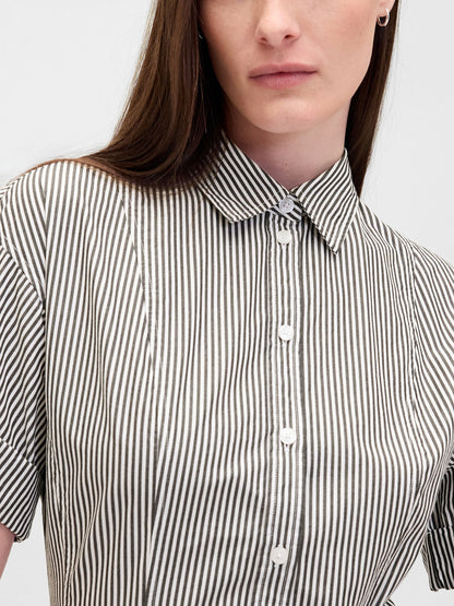 Siyah Beyaz Çizgili Poplin Roll-cuff Midi Gömlek Elbise