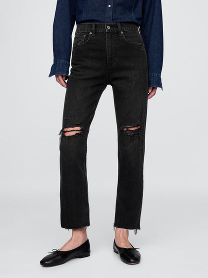 Siyah High Rise Cheeky Straight Jean Pantolon