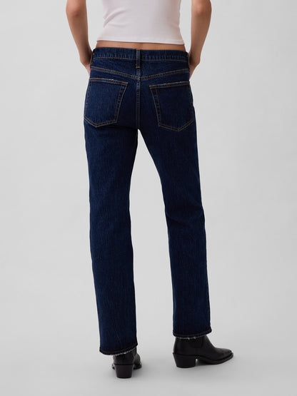 Koyu Mavi Mid Rise Relaxed Straight Jean Pantolon