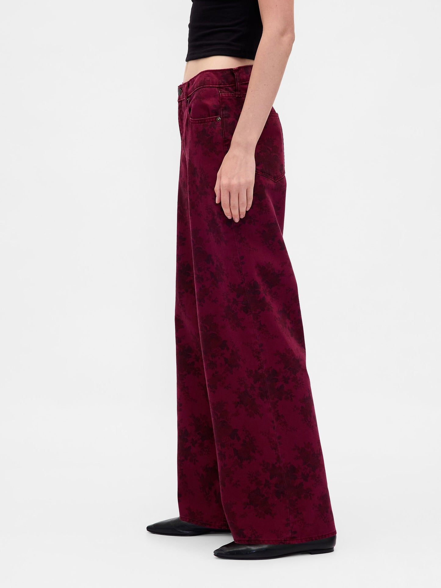 Bordo Mid Rise Çiçekli Baggy Jean Pantolon