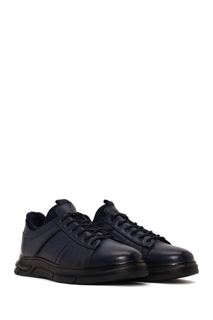 Erkek Lacivert Bağcıklı Deri Sneaker