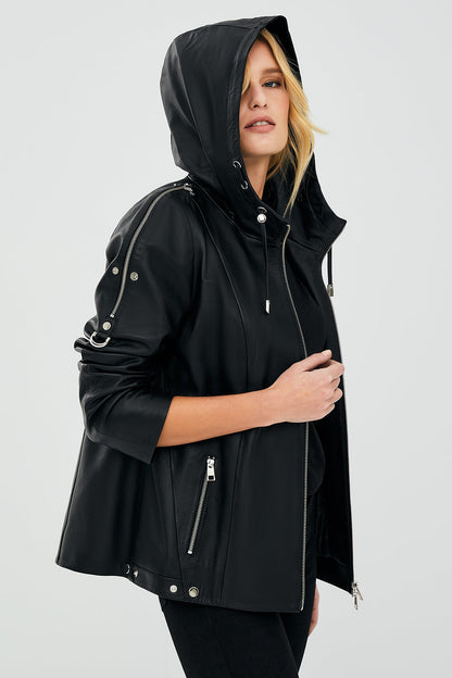 Judith Kadın Siyah Kapüşonlu Deri Mont
