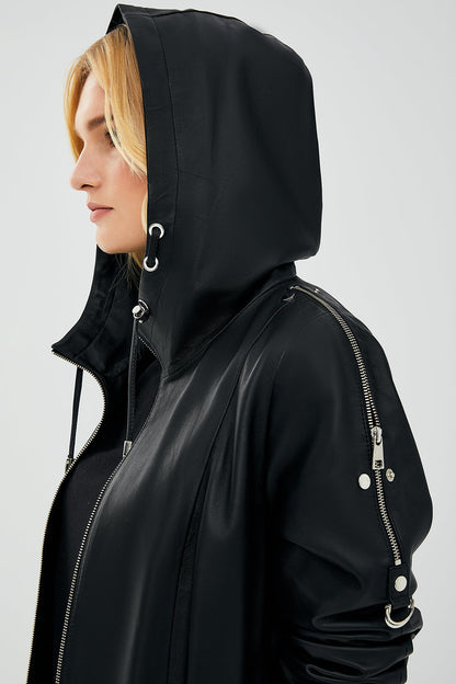 Judith Kadın Siyah Kapüşonlu Deri Mont
