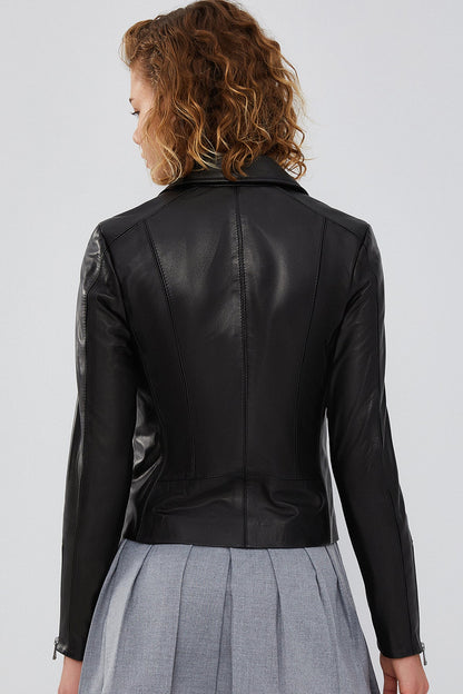 Bella Kadın Siyah Slim-fit Biker Deri Ceket