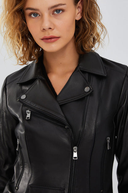 Bella Kadın Siyah Slim-fit Biker Deri Ceket
