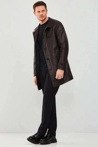 Ederson Erkek Siyah Uzun Deri Trençkot
